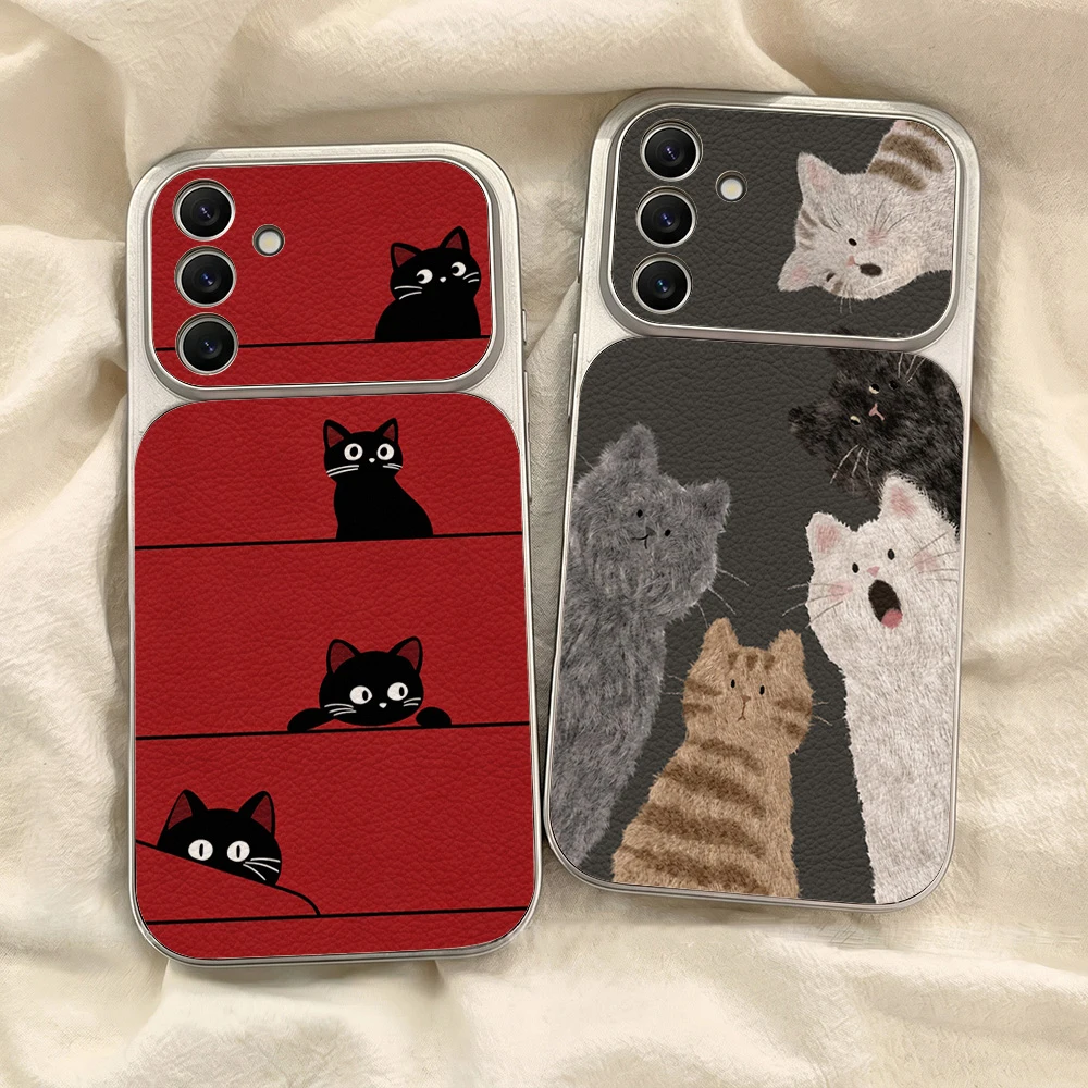 Schwarze Katze Weiche Silikon-Lychee-Handyhülle für A17 A57 A56 S26 S25 Ultra FE A07 A37 A55 A54 A36 Matte Leder Stoßfeste Abdeckung