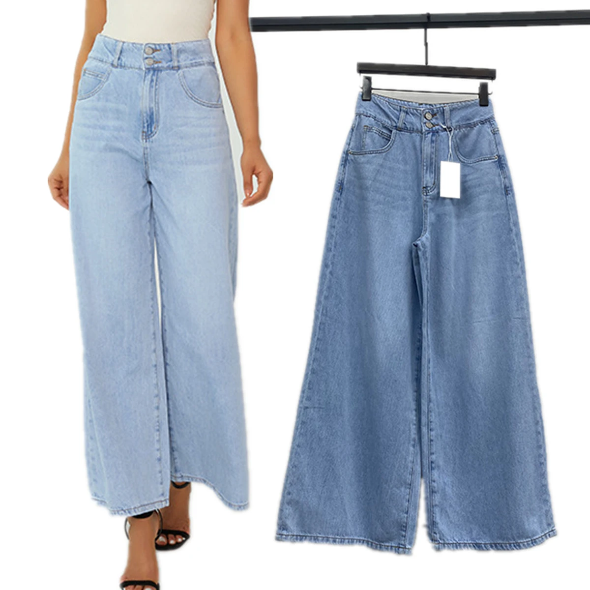 Dave&di Minimalist Lyocell High Waist Comfortable Retro Light Blue High Waist Drop Wide Legs Loose Jeans Denim Pants For Woman