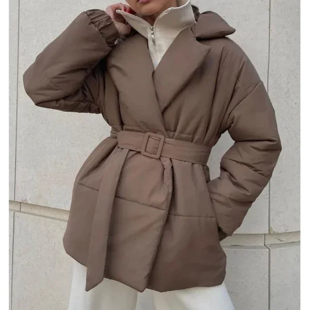 European and American 2024 Winter New thick lapel waist belt slimming solid color cotton-padded jacket coat women