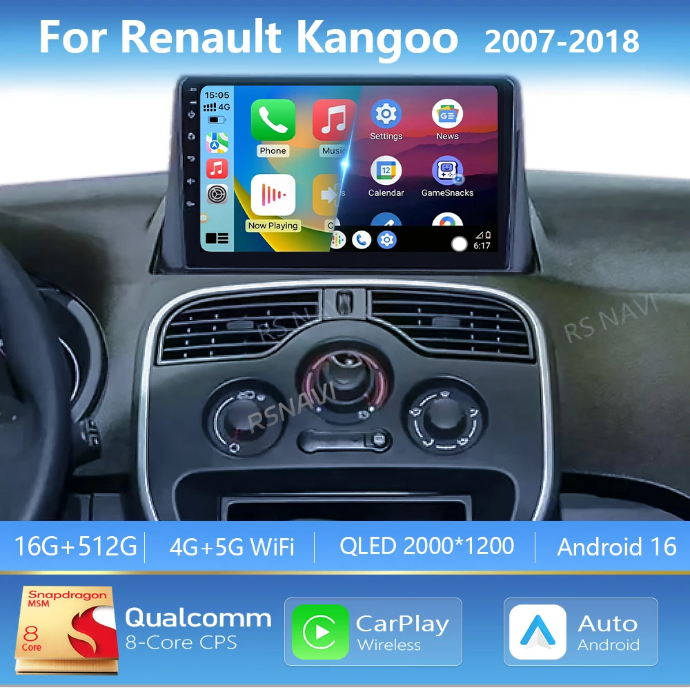 Radio Multimedia para Auto con Pantalla 2K y Android 16 Carplay para Renault Kangoo 2007 - 2018, Autoradio GPS Estéreo 2din