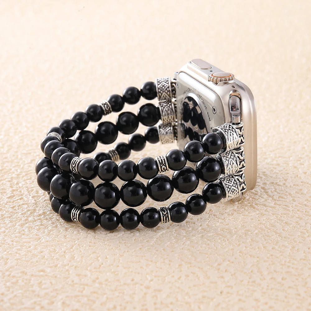 Loose Round Black Stones Watchband Elastic Beaded Smartwatch Straps For 38mm to 49mm Dial Plate Easily Install Switch