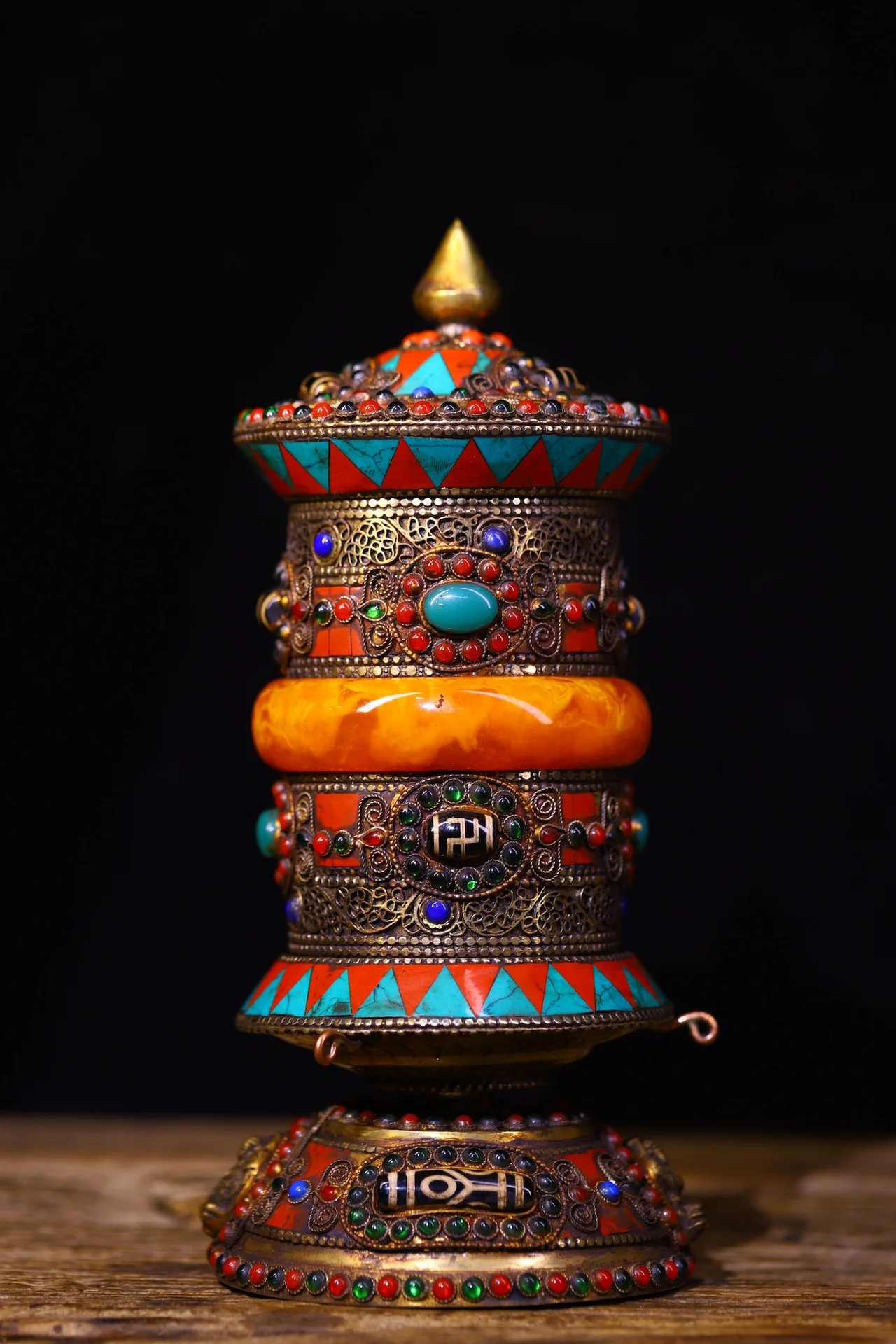 

9"Tibetan Temple Collection Old Tibetan Silver Mosaic Gem gZi Beads Turquoise Prayer Wheel Old Scriptures Town house