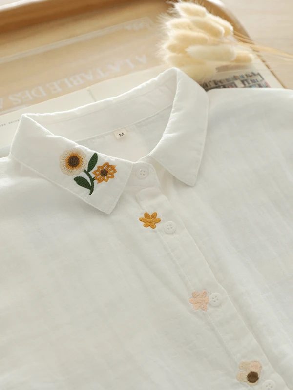 

Ele с вышивкой Suower Cotton irt, женский длинный слой све, модный студенческий белый хлопковый льняной топ