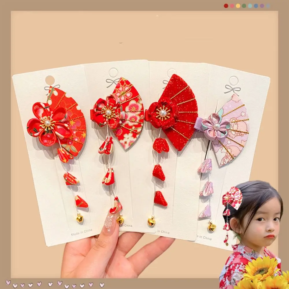 Tassel Children Red Sakura Hairpin Cloth Flower Chinese New Year Headwear Girl Hair Accessories Ancient Headwear