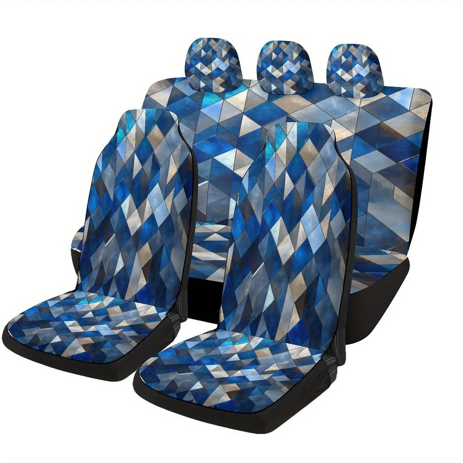 

Blue Geometric Pattern Themed Car Seat Covers Set For Most Cars, Decorative Fashionable High-quality Car Seat Protector Covers F