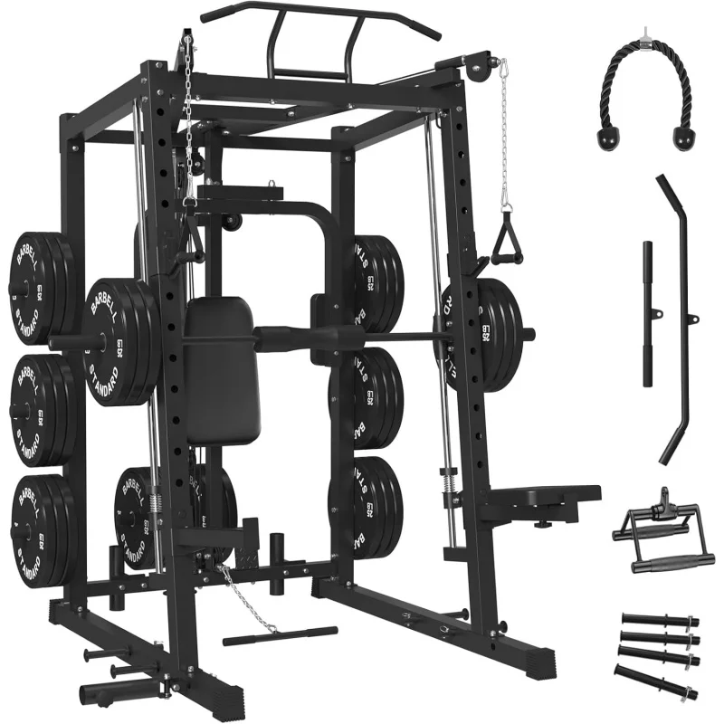 

(XMSJ)All-in-One Smith Machine Home Gym, 2000LBS Power Cage with Cable Crossover System, Integrated Squat
