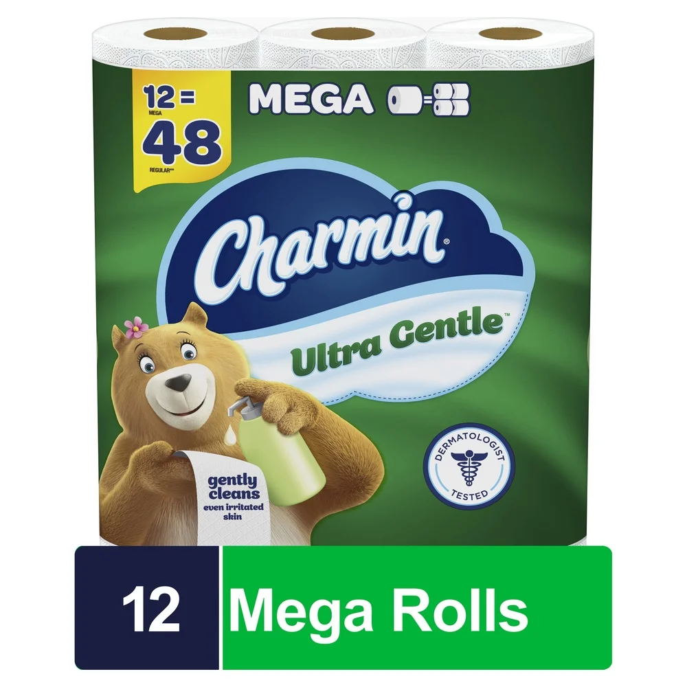 Ultra Gentle Toilet Paper 12 Mega Rolls 231 Sheets 2-Ply Lotioned Softness Clog Safe Dermatologist Tested Gentle Clean Unscented