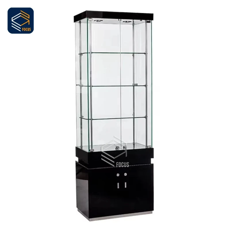 custom.Retail Shop Display Showcase Glass Cabinet White Base Lockable Glass Door Display with Glass Shelves