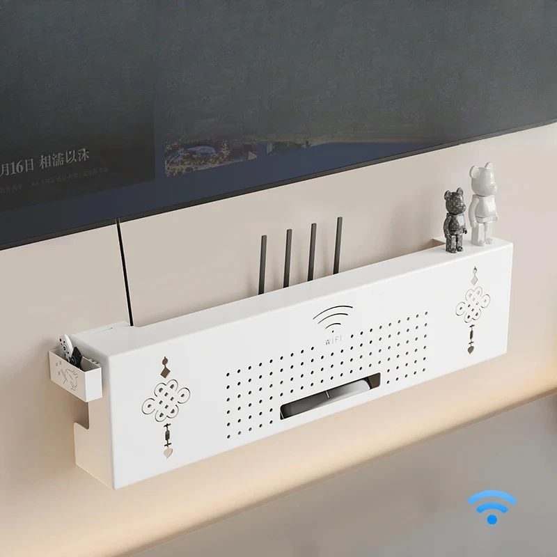 Wall Mounted No Drill Router Holder TV Set Top Box Stand with Power Strip Cover Cable Organizer for Living Room Wire Concealment