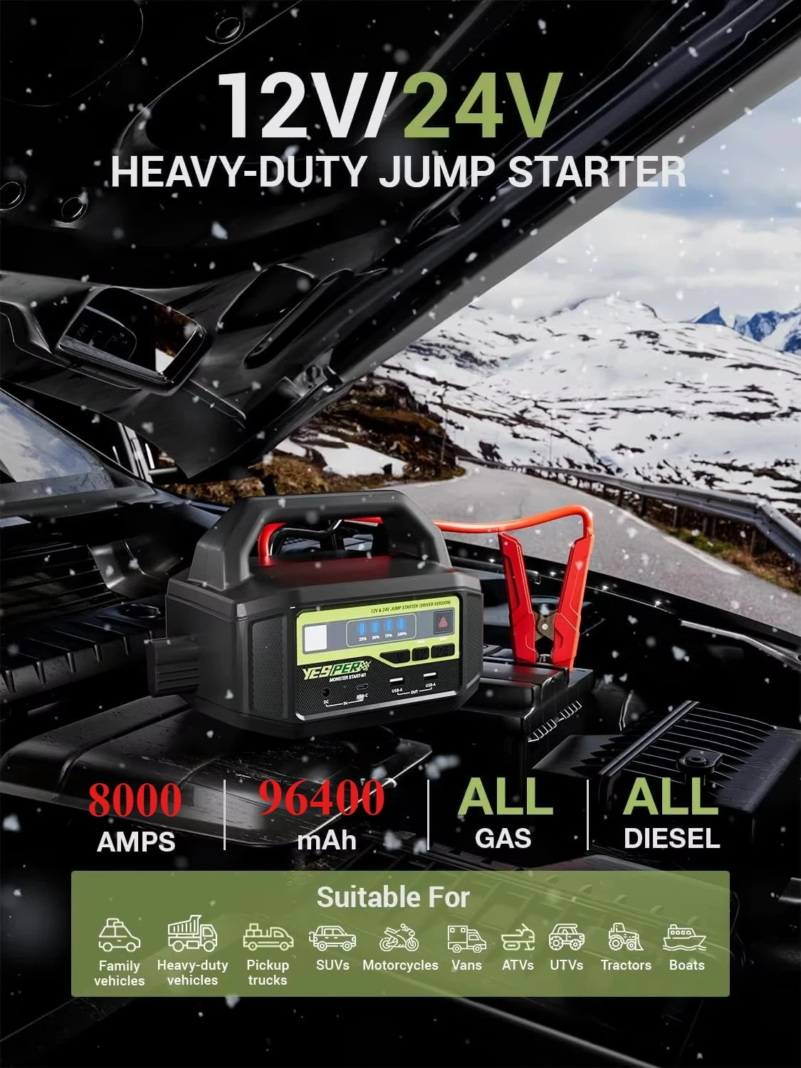 12V/24V 8000A Car Jump Starter Booster 96400mAh Power Bank Station + 3-Mode LED for Gas/Diesel Engines Cars to Boats -40°C~60°C