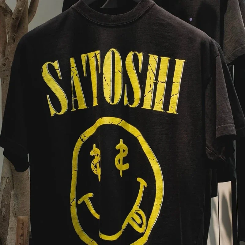 Smiley Face Printing Satoshi Tshirt Men Women Street Shoulder Hole Tee Loose High Quality Short Sleeve