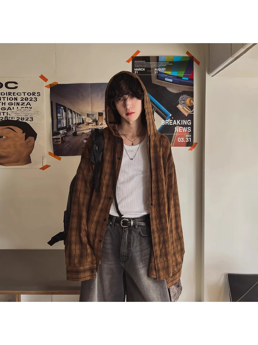 Retro Coffee Color Hooded Plaid Long Sleeve Shirt Men's Women's Summer Lightweight Lazy Style Loose Sun Protection Coat