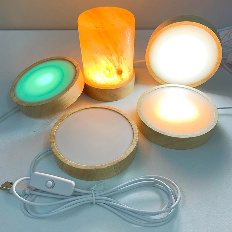 Soporte de exhibición decorativo redondo de madera de la base de la luz de la noche LED para la decoración de la bola de cristal de los cristales