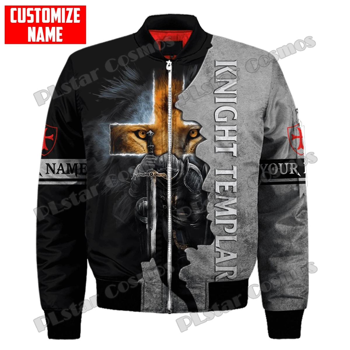 

Winter Men Bomber Jacket Knight Templar Lion Custom name 3D Print Thick Pocket Zip coat Unisex Casual Warm Zipper jacket FX-14