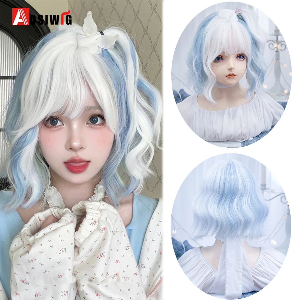 

Synthetic Lolita Wig Short Curly Ombre Two Tone Silver Grey Blue Hair For Cosplay Daily Party Wig With Bangs