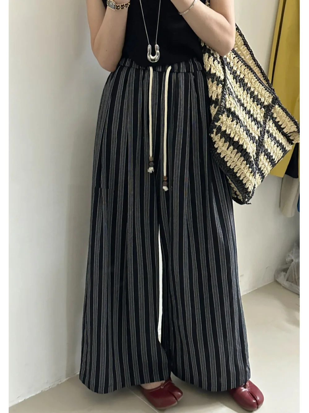 فضفاض واسعة الساق سراويل تقليدية المرأة شريط تنوعا Faionable مستقيم قطع بنطلون الربيع الصيف جديد وصول بوابة دونغدا