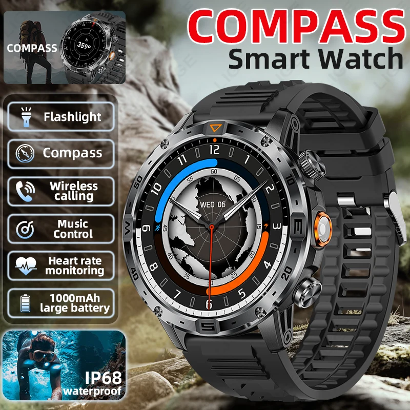 

LIGE Outdoor Smart Watch Men LED Flashlight 1000mAh Battery Compass Watch Sports Fitness Bluetooth Calling Waterproof Smartwatch
