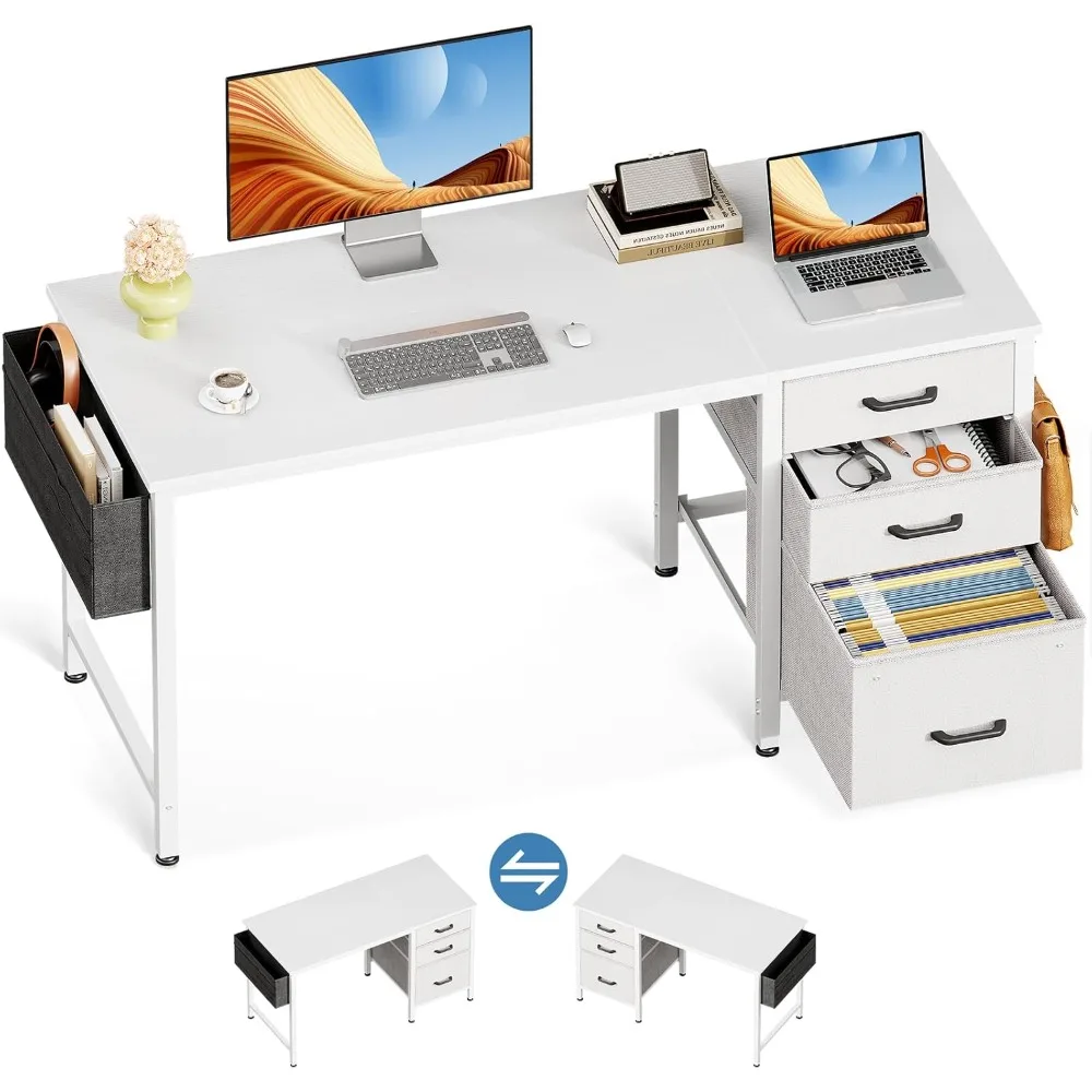 

40" Small Computer Home Office Desk for Bedroom with Fabric Drawers & File Cabinet, Cloth Storage Bag and Hook, Writing Study W