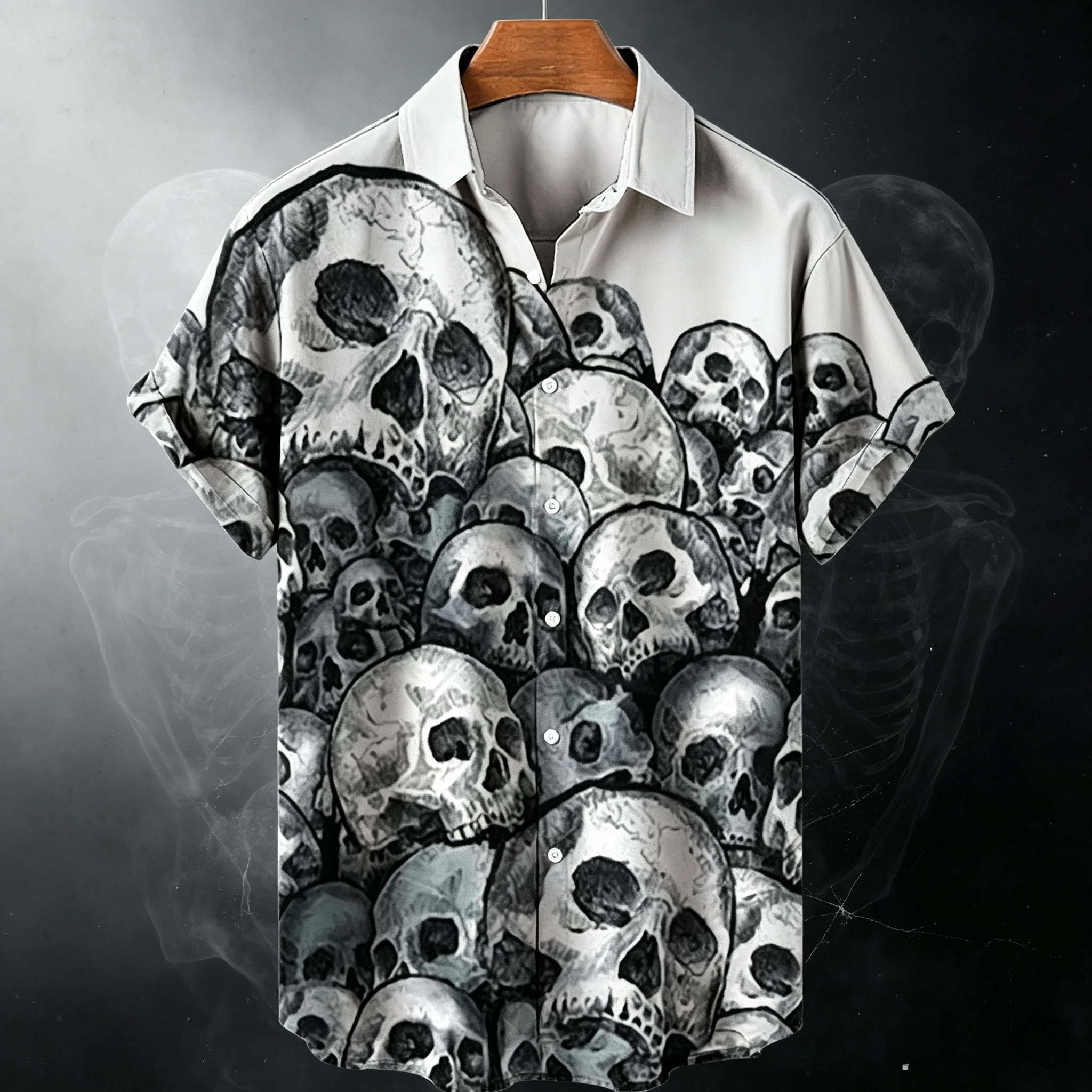 2026 Men's Casual Short Sleeved Shirt Summer Skull Print Shirt Beach Short Sleeved T-shirt Breathable Street Wear