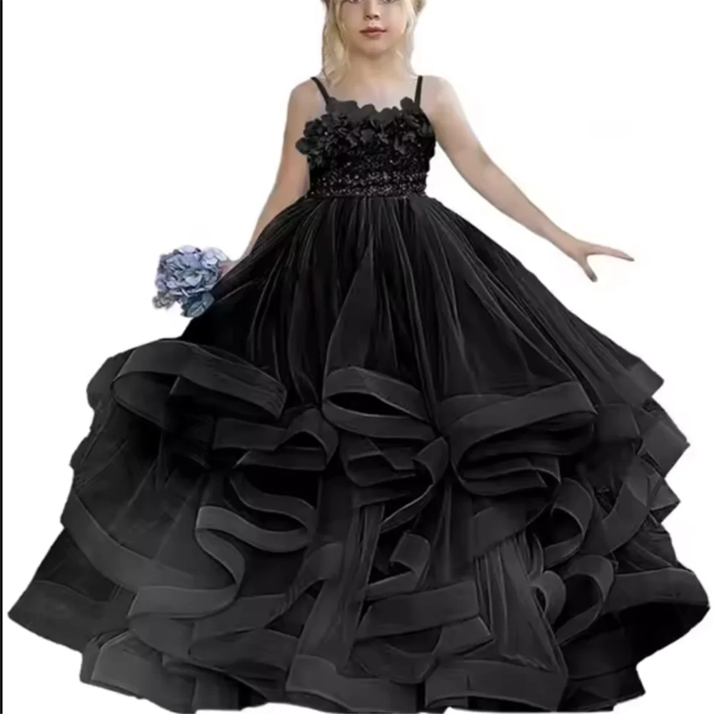 Vestidos de niña de flores azul polvoriento para boda robe de soirée de mariage vestidos de desfile para niños vestido de primera comunión con volantes de tul