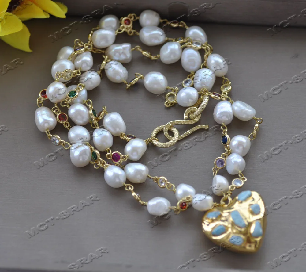 Z12024 2row 20\'\' 12mm White Baroque Pearl CZ Necklace Gold Plated Heart Pendant