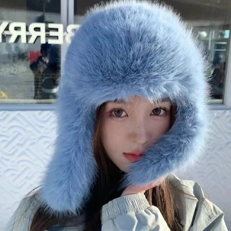 Winter Plush Faux Fur Hat for Women Thick Fluffy Ear Protection Cap Windproof Warm Headgear Bomber Hat Female Panama Russian Cap