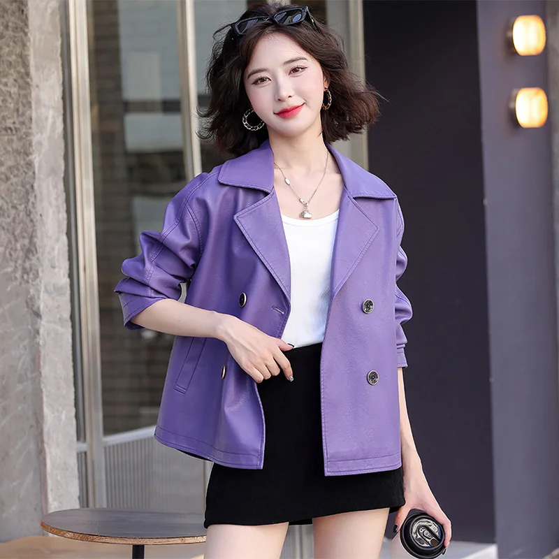 New Women Spring Autumn Leather Jacket Fashion Suit Collar Loose Short Split Leather Coat Casual Moto Biker Jacket