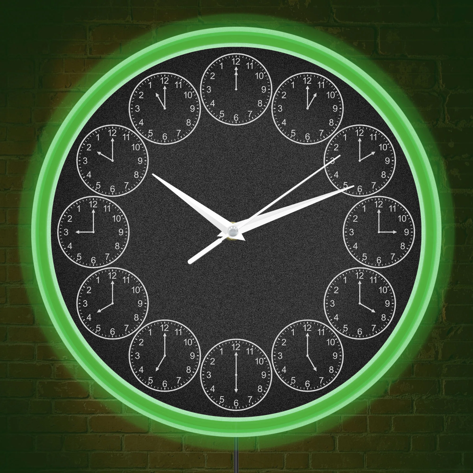 Counterclockwise Reverse LED Neon Wall Clock Minimalist Black for Workspace Geek Room Backward Wall Clock with Neon Rim Light