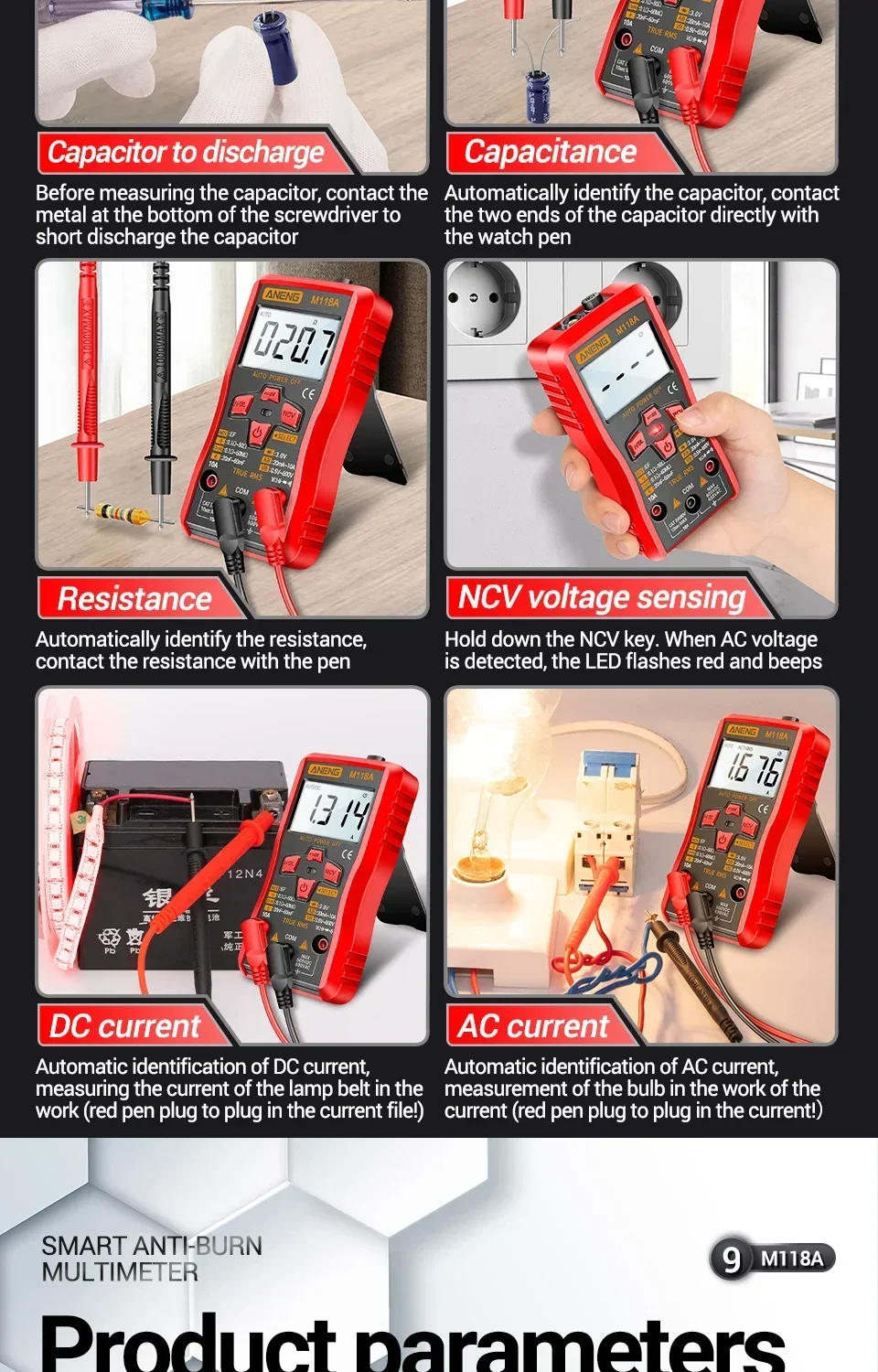 Digital-Multimeter-Tester-Stift ANENG M118A +A3010 Kit True RMS 6000/4000 Counts Auto-Ranging AC/DC Transistor-Spannungsprüfer Werkzeuge – Detail 12