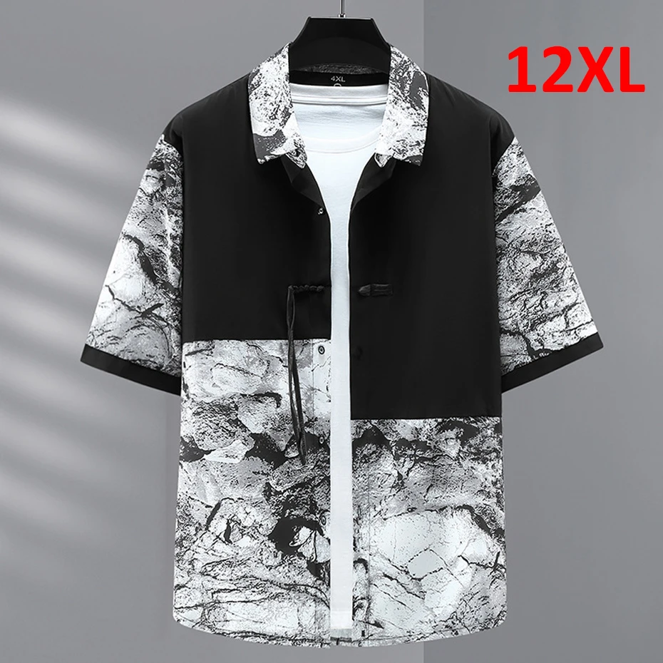 Summer Short Sleeve Shirts Men Plus Size 12XL Patchwork Shirts Fashion Casual Chinese Style Landscape Painting Shirt Big Size