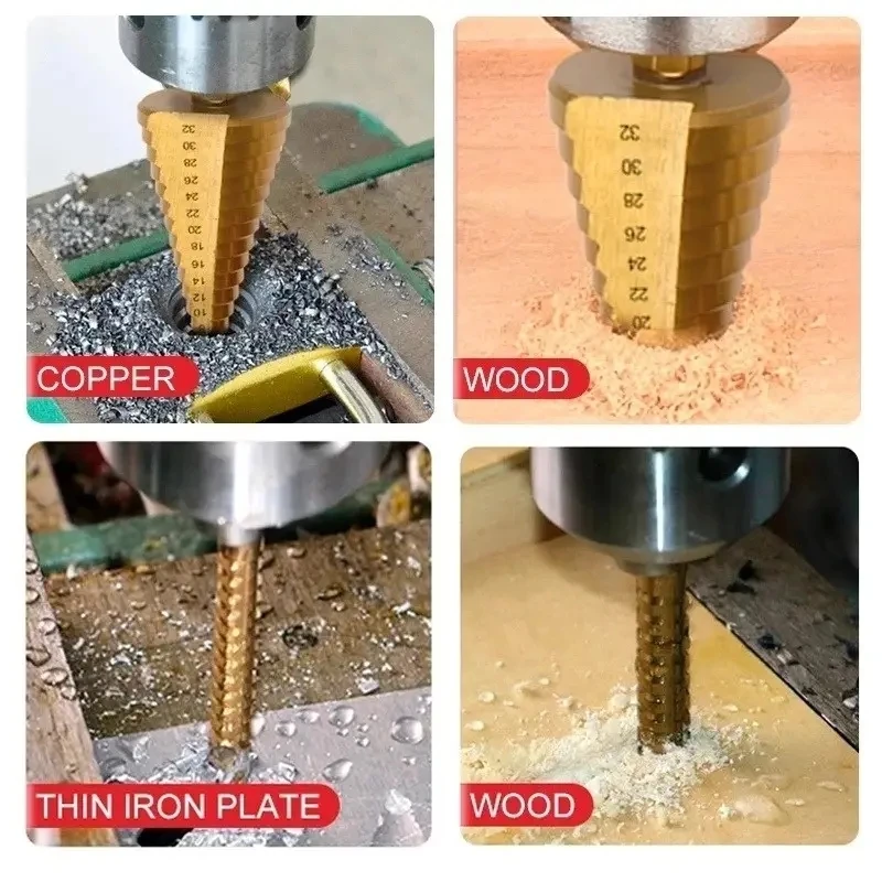 Imagem -03 - Titânio Chapeamento Drill Bit Grupo Metal Hole Cutter Madeira Cone Core Perfuração Saw Tool Puxado Slotted Pagoda Sawtooth Step Drill Pcs