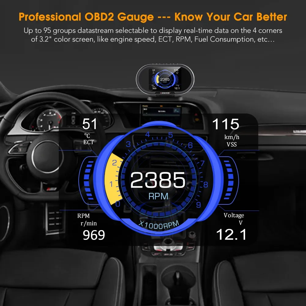 KONNWEI KW206 OBD2 Digital Display Meter Auto Speed Fuel Consumption Temperature Monitor Universal OBDII Diagnostic Scanner