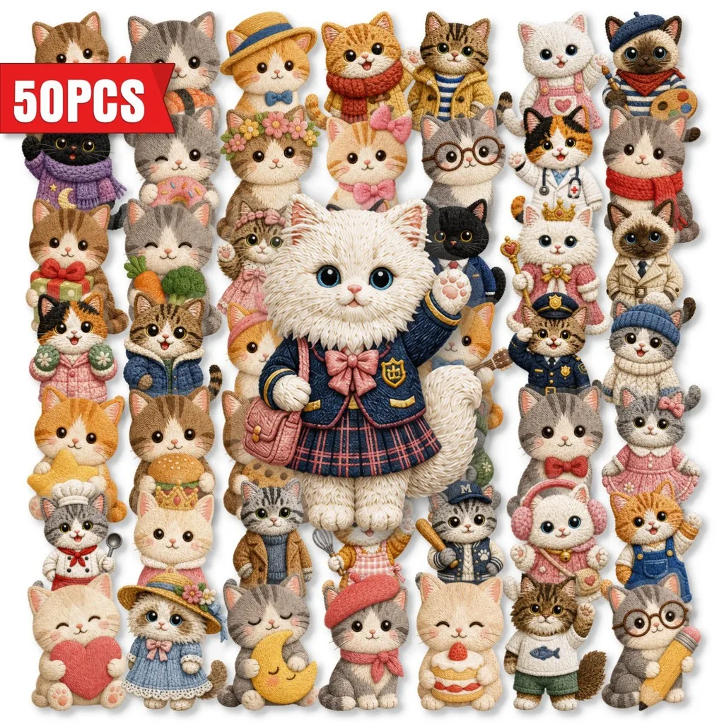 50Pcs Cute Cat Shape Stickers, Creative Embroidery‑Style PET Clear Decals for Journal DIY Aesthetic Decoration AnimeWorlds Store
