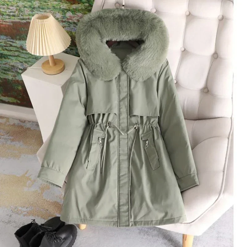 Parka à capuche avec doublure en laine pour femme, manteau long, veste avec col en fourrure, vêtements de neige chauds, vêtements rembourrés, optique, hiver, automne, nouveau, 2024