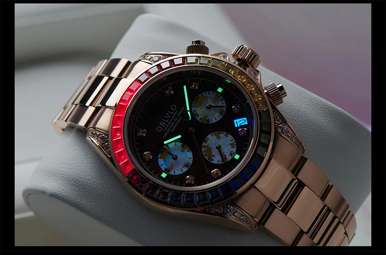 OBLVLO Orologio cronografo da uomo 40mm Orologio da polso al quarzo di lusso 50m Impermeabile Zaffiro Luminoso Tripla finestra Lunetta in cristallo