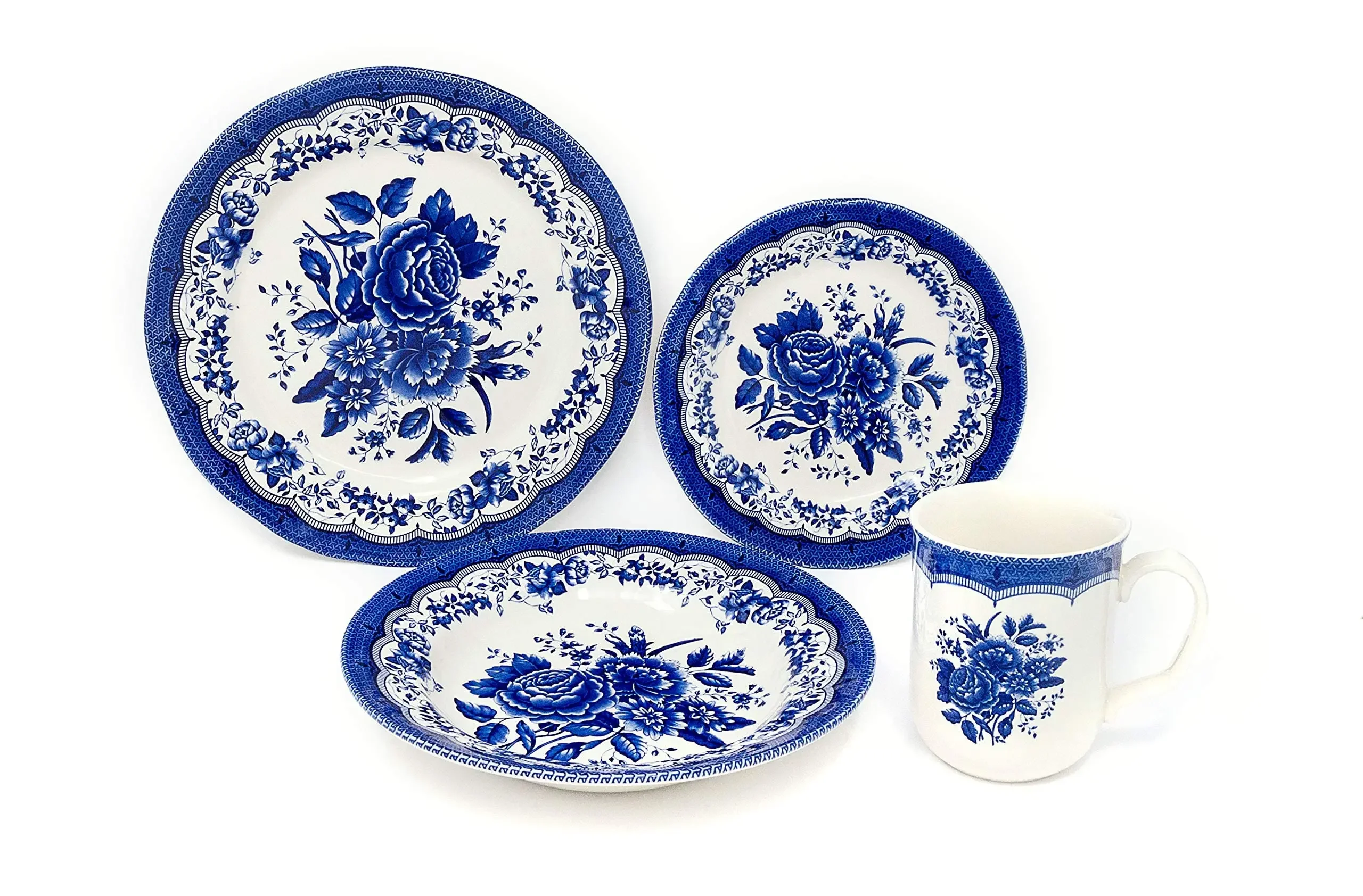 TUDOR ROYAL 24-Piece Porcelain Round Dinnerware Set, Service for 6, VICTORIA BLUE Design, Blue Floral, Plates Bowls Mugs Dishes,