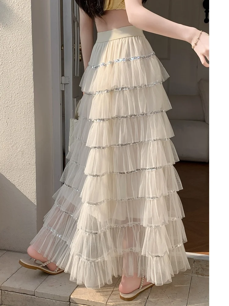 SMTHMA Mode Kuchen Rock Neue Frühling Sommer Layered Mesh Hohe Lose Enge Taille Süße Weiße Prinzessin Langen Rock