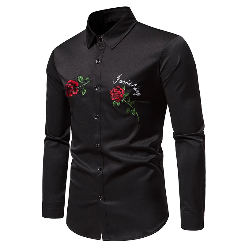 

Mens Western Cowboy Shirt Long Sleeve Button Down Dress Shirts Stylish Black Rose Floral Embroidery Shirt Men Camisas Hombre XXL