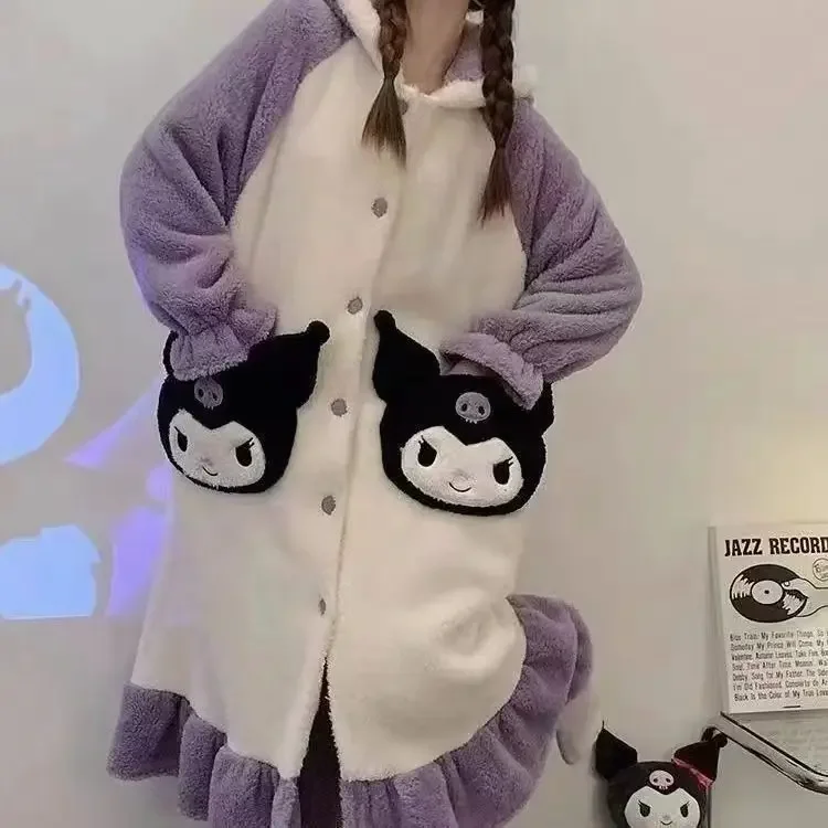 Cartoon Kuromi Coral Fleece Plus Velvet Thicken Nightgown Loungewear Girly Kawaii Winter Outdoor Long Style Hooded Home Clothes