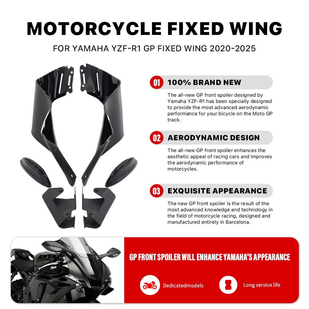 NEW High Quality ABS black Winglets Installed By Bolts for Yamaha R1 R1M 2020-2025 Wings Front Fairing Downforce Moto Parts