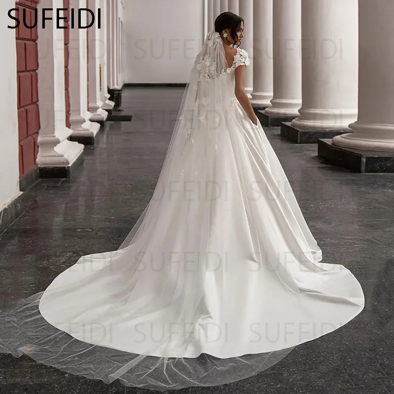 IMANKA elegant satin sweep train short lace sleeves with pockets ruched ruffled bridal wedding dress