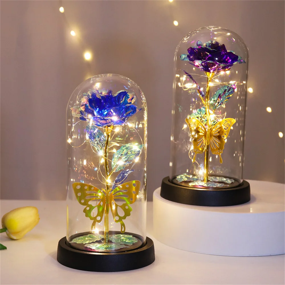 Rose Light Artificial Galaxy Rose Lamp With Butterfly And Colorful Led Rose Flowers In Glass Battery Powered Gifts For Wedding