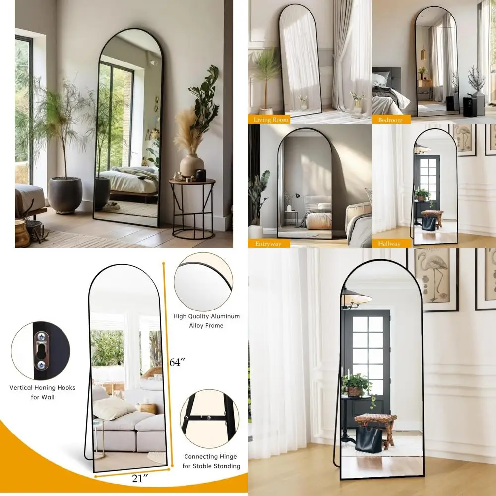 Grande espelho de chão arqueado com suporte - espelho de comprimento total para opções de quarto, inclinação ou suspensão