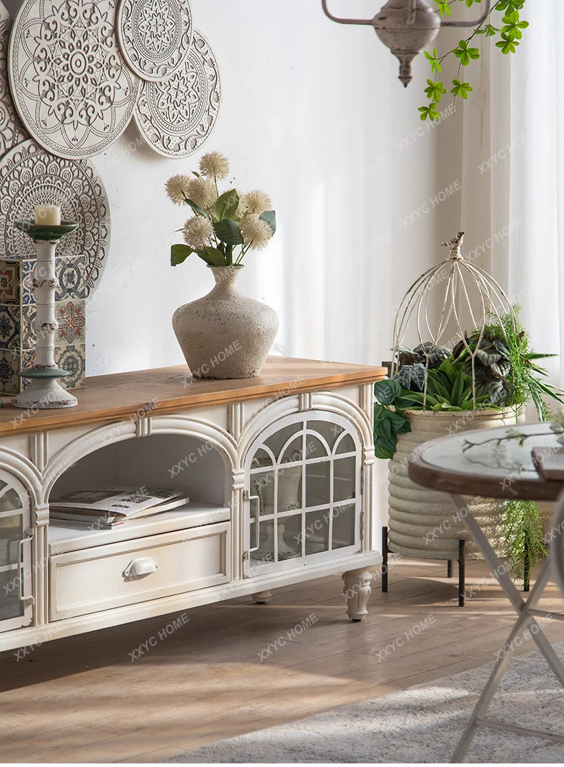 

retro old TV cabinet, living room storage small apartment, white simple wall low cabinet