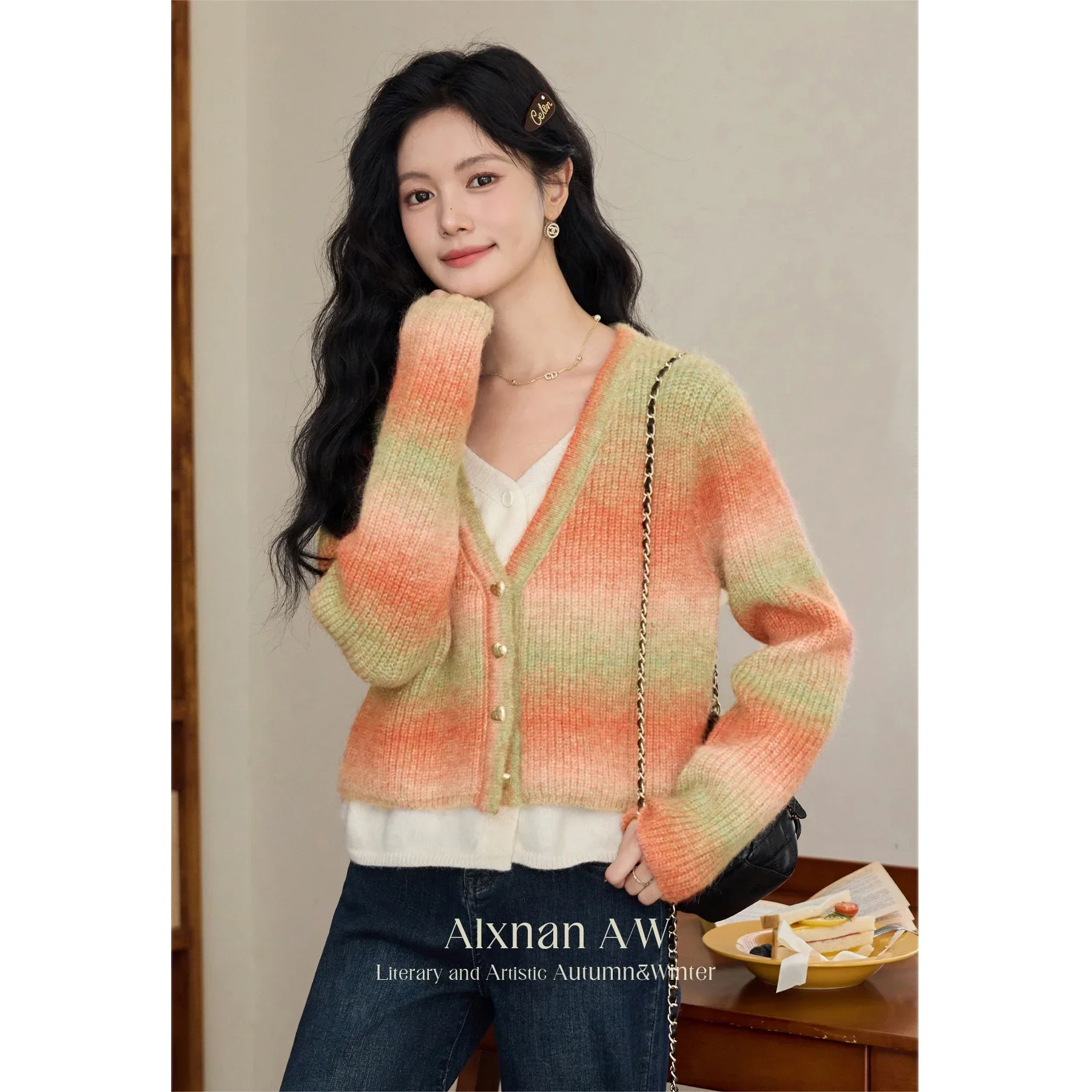 

ALXNAN Knitted Orange Cardigans for Women Trendy 2 in 1 V-neck Metal Heart Buttons Long Sleeves Fall Winter Warm Sweaters L52225