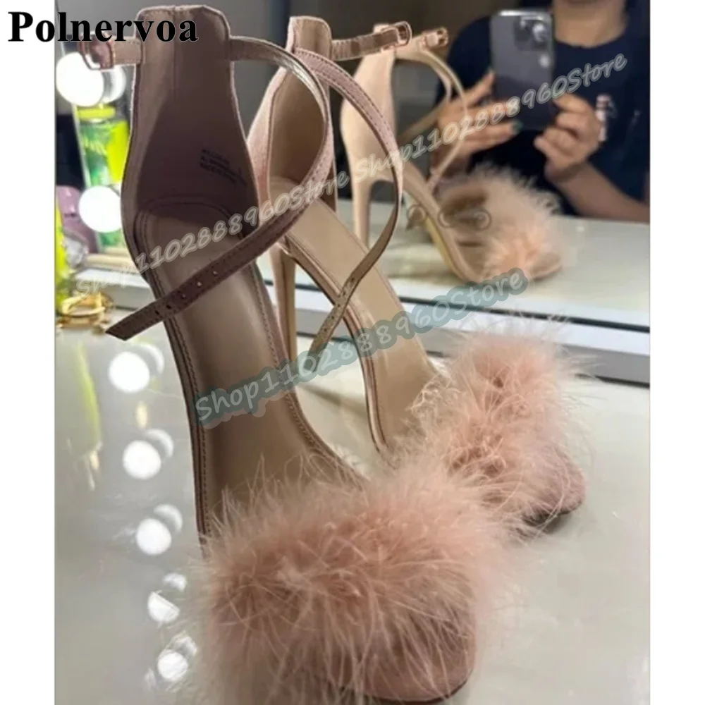 

Stylish Solid Flock Feather Decoration Sandals Stilettos High Heel Shoes For Women Ankle Buckle Strap Open Toe Trendy Sandals