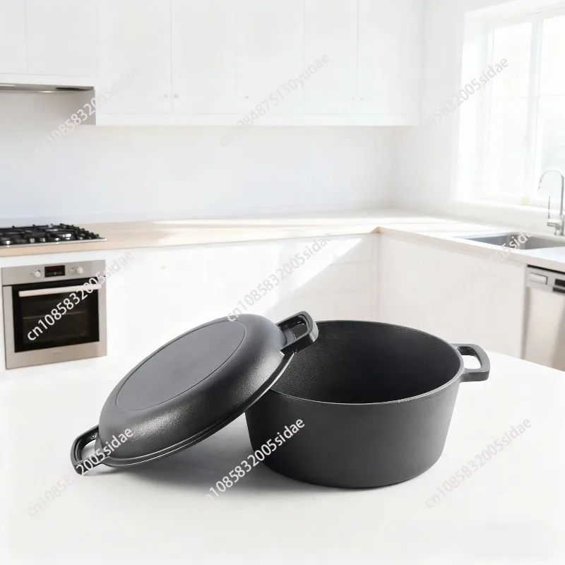 2 In 1 Cast Iron Dutch Oven Baking Bread Pot Multifunctional Deepened Frying Stewing Casserole With Dual Handles For Kitchen