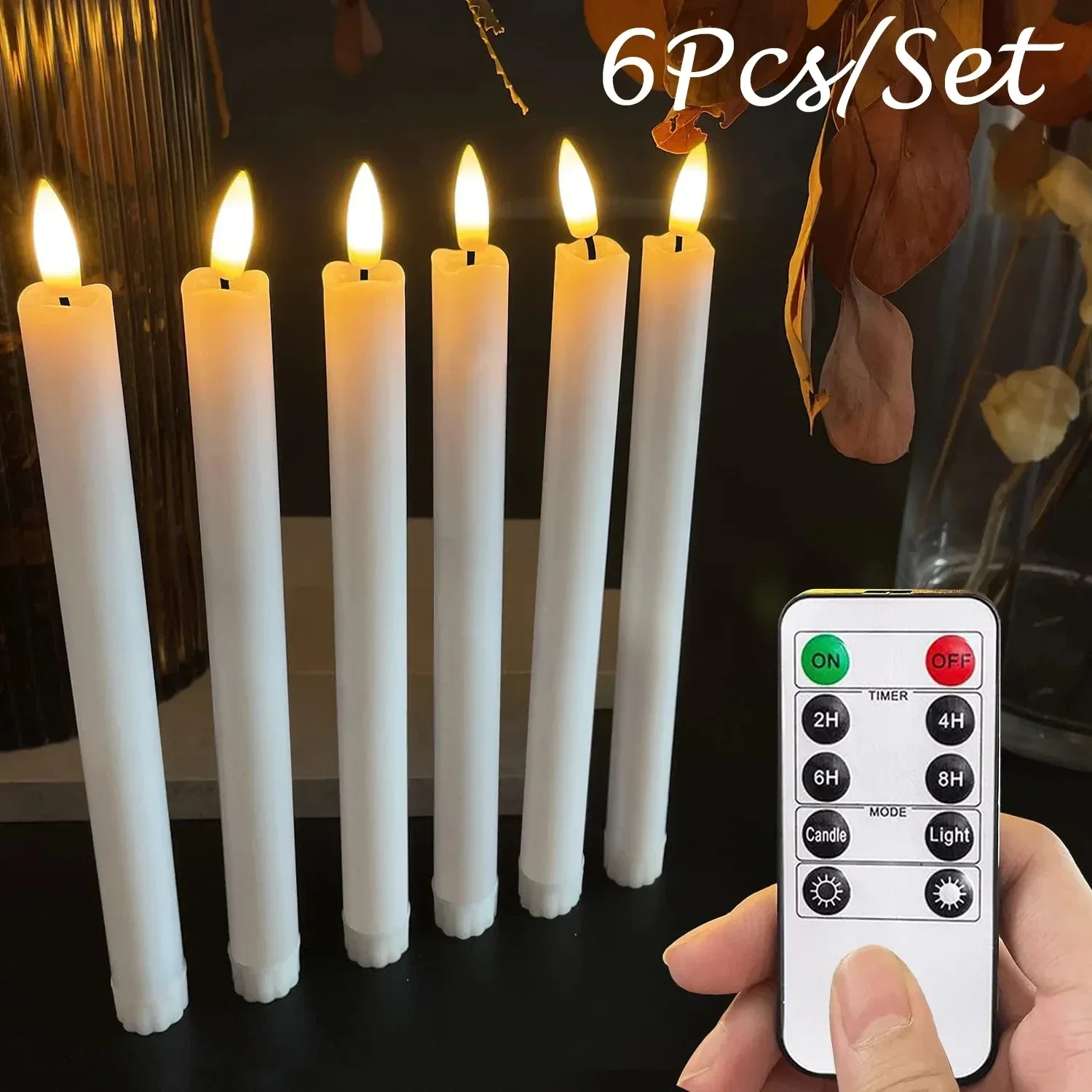 

6Pcs/Set Long Candles LED Flickering Taper Candles Battery Powered Flameless Candles Timer Candle with 10-Key Remote for Wedding