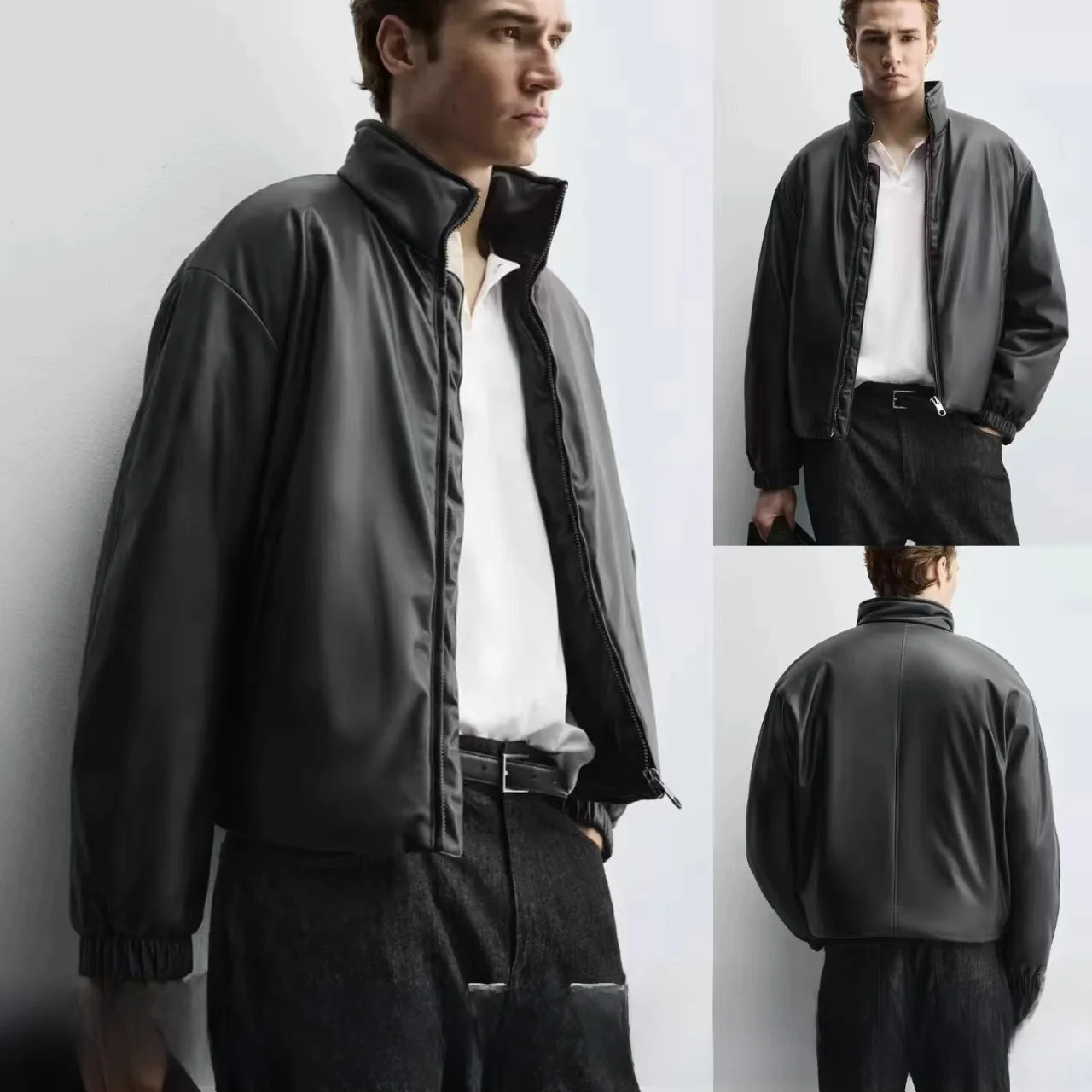 

Новая зимняя мужская свободная куртка из искусственной кожи на молнии, теплая повседневная модель с длинными рукавами, воротником-стойкой, без капюшона, производство Китай