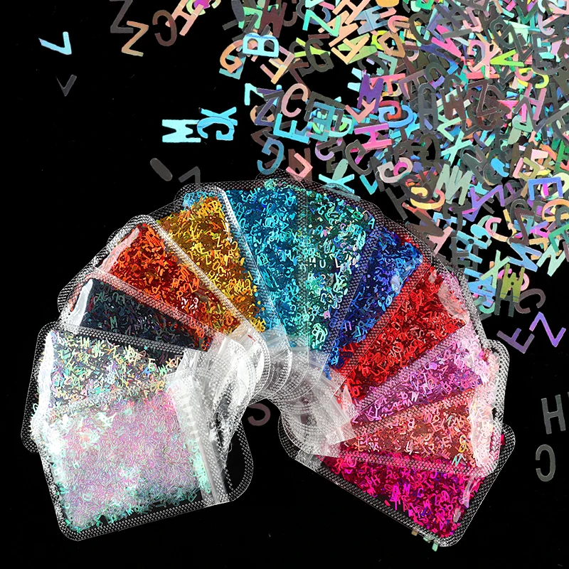 12 Bags Alphabet Shape Nail Art Sequins Holographic Glitter 26 English Letter Paillette Manicure Decoration Nails Accessories